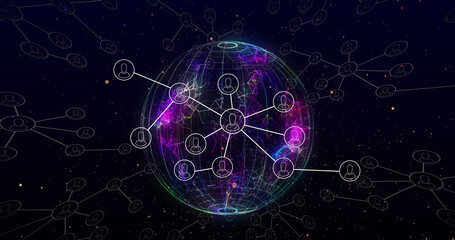Image of network of connections with people icons over globe