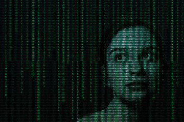 Female face with matrix digital numbers artifical intelligence AI theme with human face. Virtual reality touchscreen digital screen. dark background with computer binary code and hidden face watching