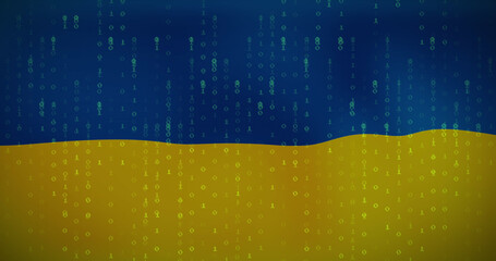 Image of binary code over flag of ukraine