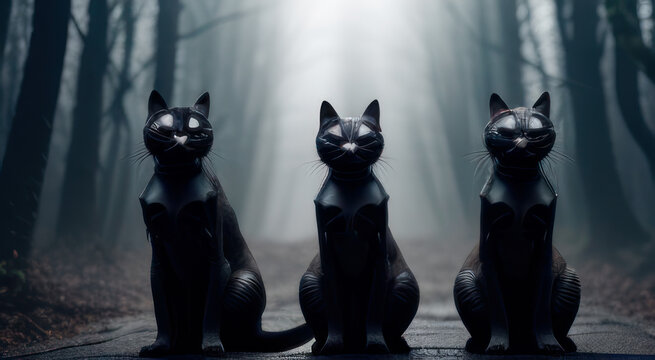 Three ninja cats in a dark forest. AI Generative.