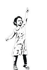 Illustration of a dancing young girl with her hand and poining finger raised.