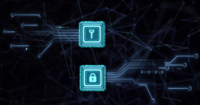 Image of data processing with online security key over computer circuit board