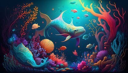 Fototapeta na wymiar Fish and coral under the sea, Generative AI