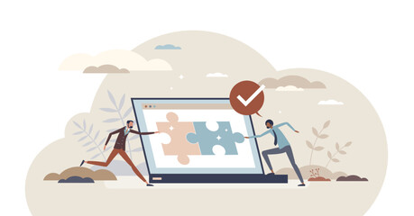 Obraz premium Digital problem solving or find solution to web challenge tiny person concept, transparent background. Connect two file pieces together with effective partnership.