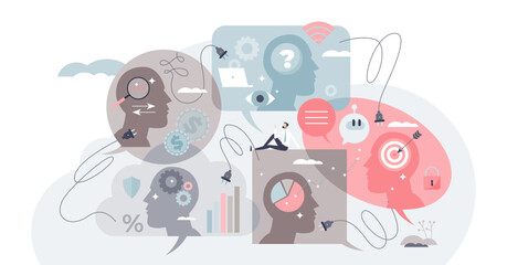 Diversity in tech as technology variety for data analysis tiny person concept, transparent background. Social research and communication using artificial intelligence.