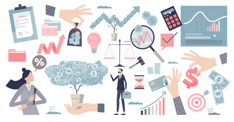 Finance and economy elements with money and stock market tiny person set, transparent background. Business object collection with symbolic payment, accounting.