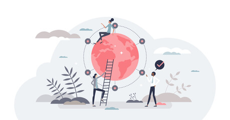 International distribution with worldwide export shipping tiny person concept, transparent background. Global delivery service with warehouse chain coverage illustration. Large shipment network.