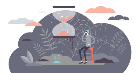 Long waiting patience and sand clock pending time flat tiny persons concept, transparent background.Abstract visualization with spider web as slow and boring symbol illustration.