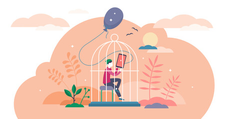 Lost childhood concept, flat tiny person illustration, transparent background. Lonely kid inside the cage of the digital entertainment.