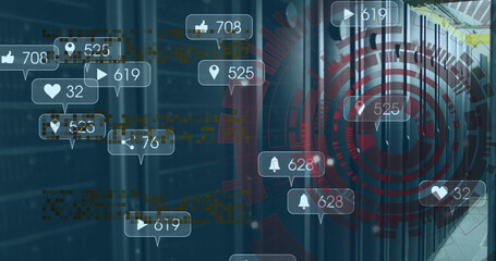 Image of data processing with media icons and scope scanning over server room