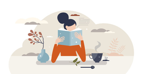 Self care and reading a book for relaxation moment tiny person concept, transparent background. Calm break with literature and tea drinking illustration.