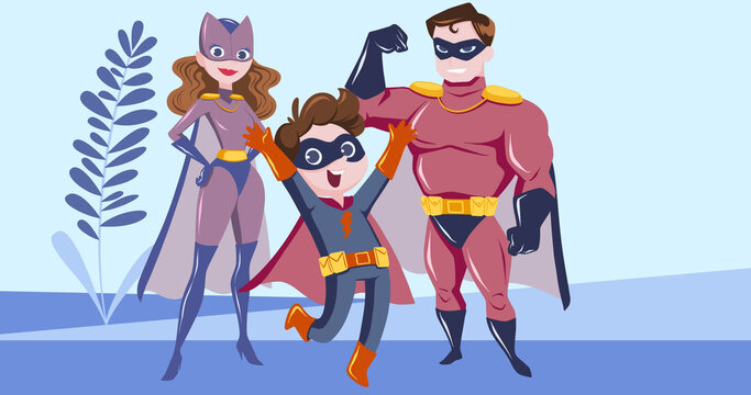 Image of happy superhero family with blue plant on blue background