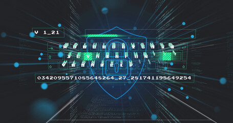 Image of data processing and shield on black background