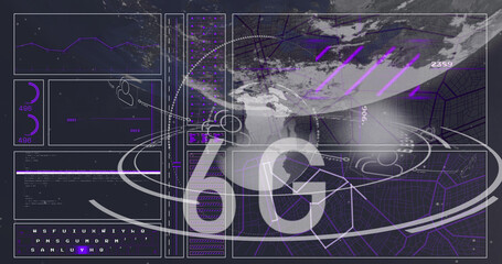 Image of data processing with 6g text and globe on black background