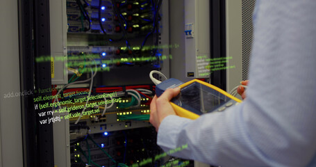 Image of data processing over caucasian woman in server room