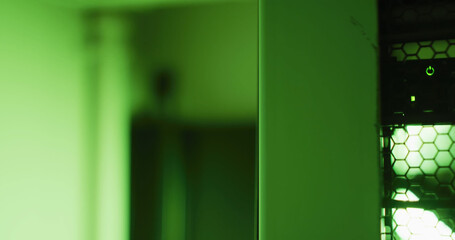Image of data processing and keyboard over server room