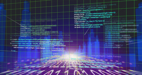 Image of data processing and city on black background