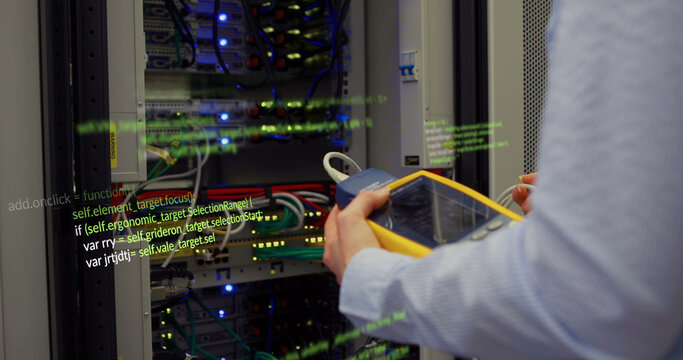 Image of data processing over caucasian woman in server room
