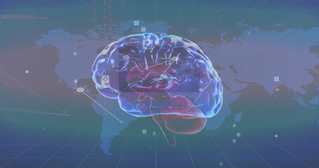 Image of human brain, data processing over world map