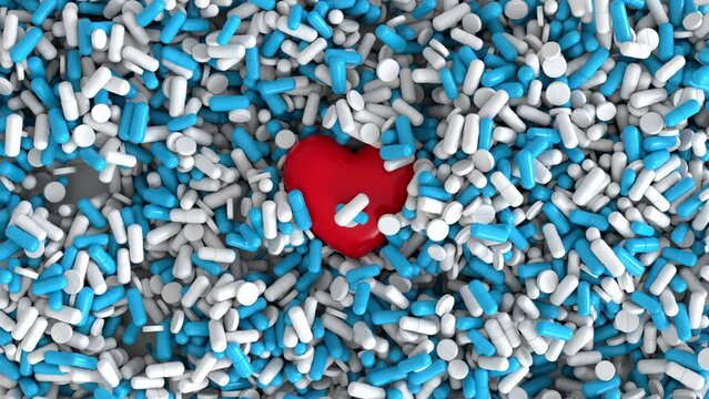 red volume heart, blue vitamins, capsule, pills, Valentine's Day, medicine and pharmacology, humanization intensive care, cardiology, drug addiction problems, day medic, overdose, 3d rendering