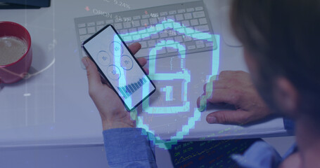 Image of padlock icon and data processing over caucasian man using smartphone