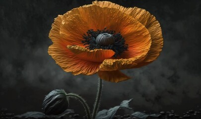  an orange flower with a black center on a dark background.  generative ai