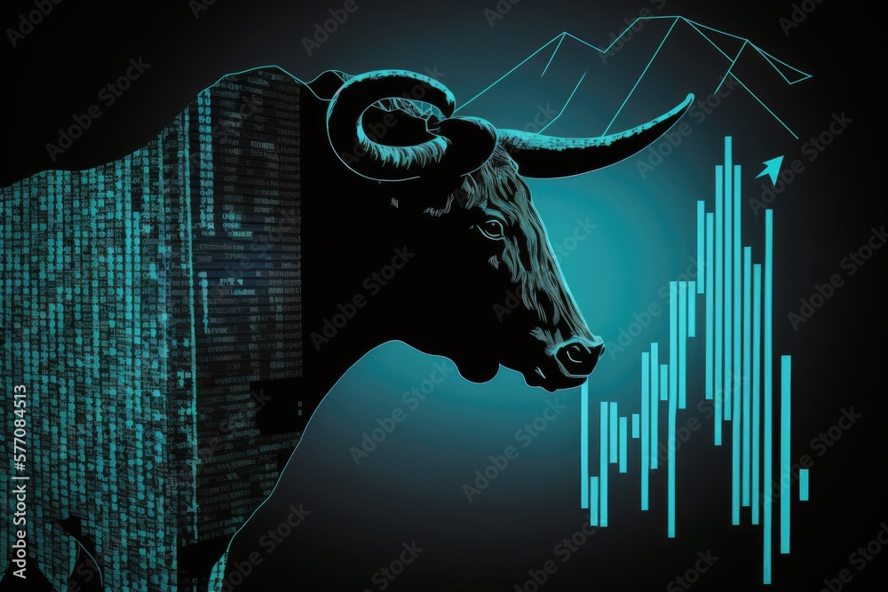 Sticker A bull's head in silhouette superimposed on a stock market chart indicates an upward investing trend. Generative AI