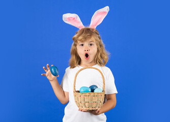 Child boy with bunny ears hold easter basket with easter eggs, isolated on blue studio background....