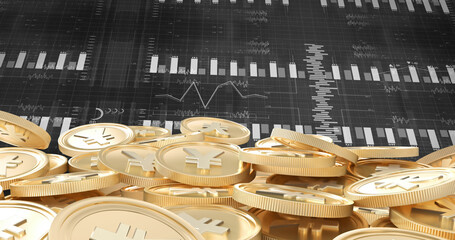Image of financial data processing over yen coins on black background
