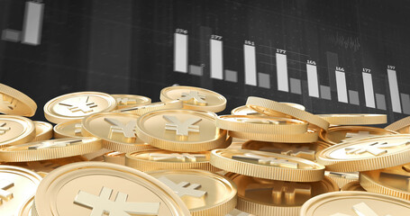 Image of financial data processing over yen coins on black background