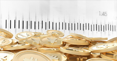Image of financial data processing over yen coins on white background
