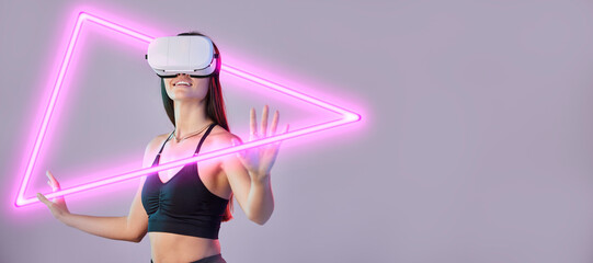 Hologram, vr or happy woman in metaverse on studio background gaming, cyber on digital overlay. Wow, pink triangle or virtual reality user or fantasy girl gamer in futuristic 3d ai scifi experience