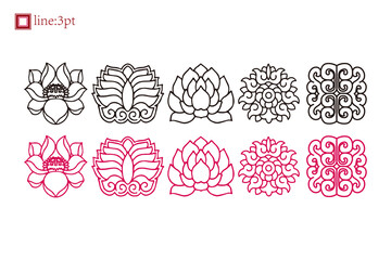 Line draft lotus, mandala, moiré curve winding. Minimalistic vintage asian symmetrical ornament pattern. Line thickness and color can be modified. White background. Emblem, icon.