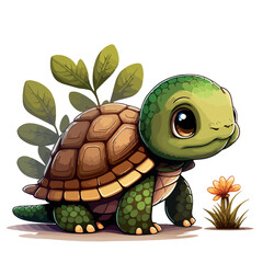 A cute little green turtle. Little baby turtle. A friendly little turtle with big dark eyes. Nice character graphics made in vector graphics. Illustration for a child.