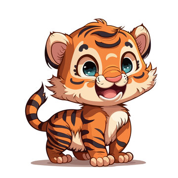 Little cute tiger. Little baby tiger. A friendly little tiger with big eyes. Nice character graphics made in vector graphics. Illustration for a child.
