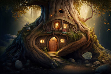 Fantasy house in magic forest, A fairytale-like house located in a magic forest within a tree trunk, Generative AI