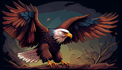 Fototapeta na wymiar Generative Ai, cartoon illustration of a bald eagle with its wings