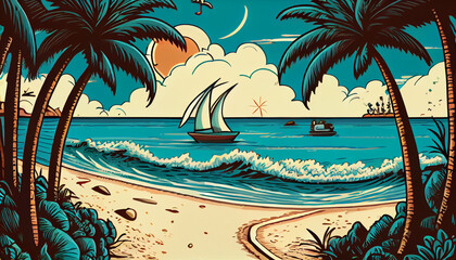 Cartoon illustration of a beach with white sand, generative Ai - 577085316