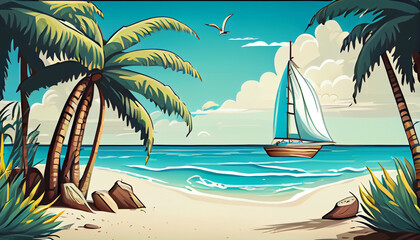 Fototapeta na wymiar Cartoon illustration of a beach with white sand, generative Ai