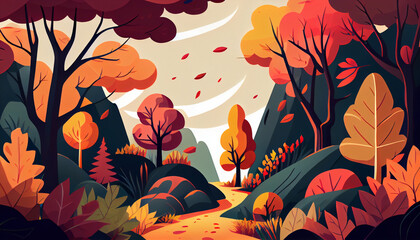 Cartoon illustration of a forest in autumn, generative Ai - 577085355