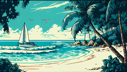 Cartoon illustration of a beach with white sand, generative Ai - 577085358