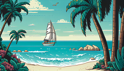 Cartoon illustration of a beach with white sand, generative Ai - 577085366