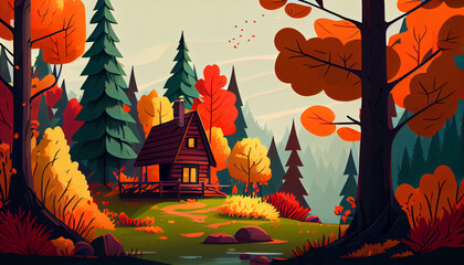 Cartoon illustration of a forest in autumn, generative Ai - 577085374