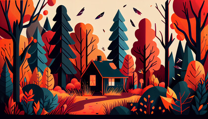 Cartoon illustration of a forest in autumn, generative Ai - 577085377