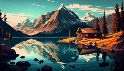 Cartoon illustration of a mountain lake, generative Ai - 577085397