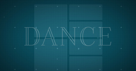 Image of dance text and data processing with clouds on blue background
