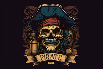 Skull Pirate rum vector illustration for t-shirt - obrazy, fototapety, plakaty