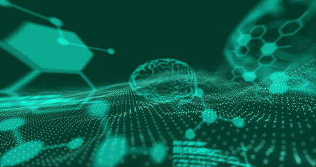 Image of data processing and brains on black background