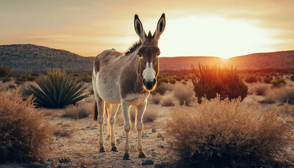 Naklejka premium Cute and beautiful donkey in a field with dry grass in Santorini at sunset.. A summer relaxed concept. Generative AI