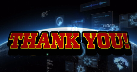Image of thank you text and data processing with globe on black background